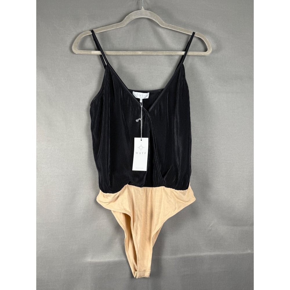 WAYF Bodysuit Women Medium Black Beige Pleated Wrap V-Neck Spaghetti Strap